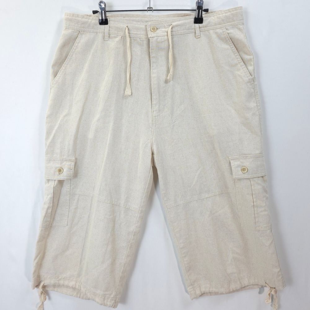 Trust Linen Blend Cargo Shorts Men 36 Beige Drawstring Casual Summer Utility